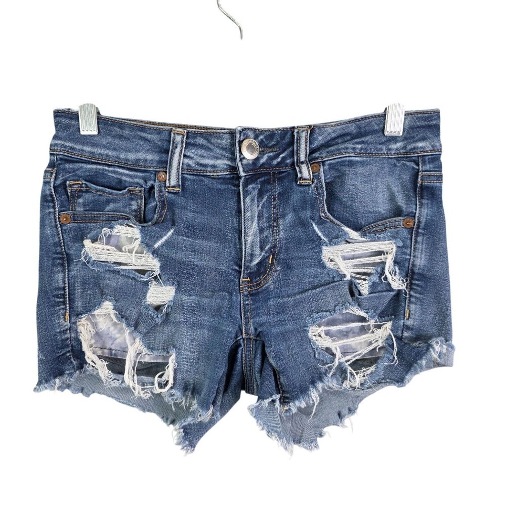 Womens American Eagle Outfitters Blue Denim Midi Shorts Distressed Stretch 6
